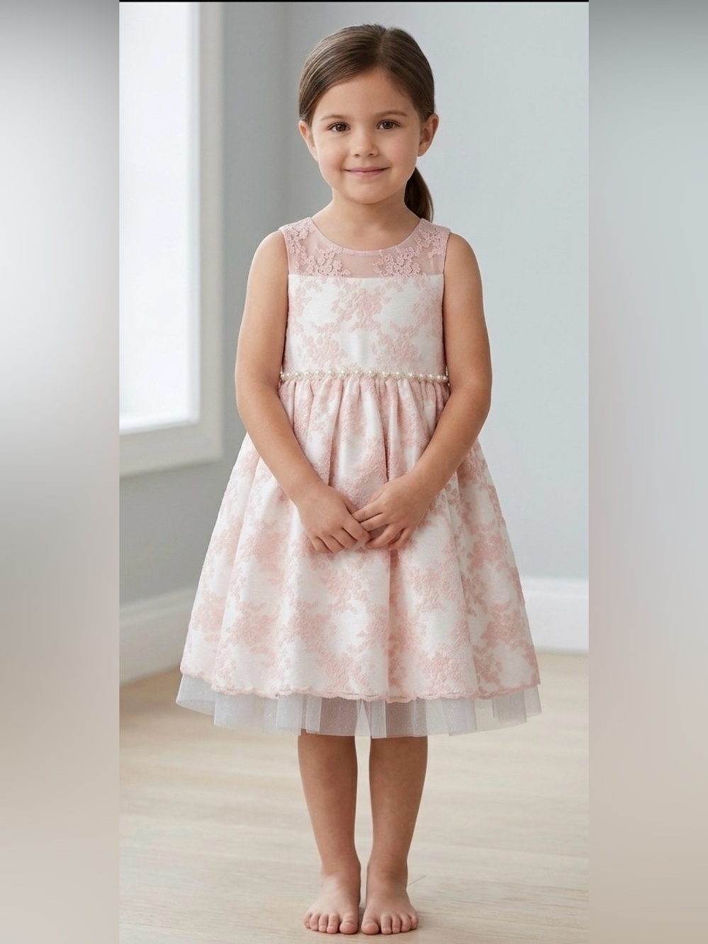 American Princess Pink Lace Flower‎ Girl Dress Pearl Trim Girls Size 6X 7